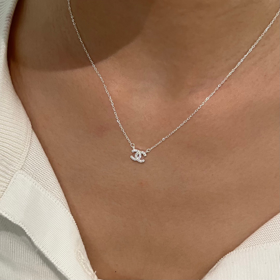 Chanel Silver Dotted Motif CC Pendant Necklace