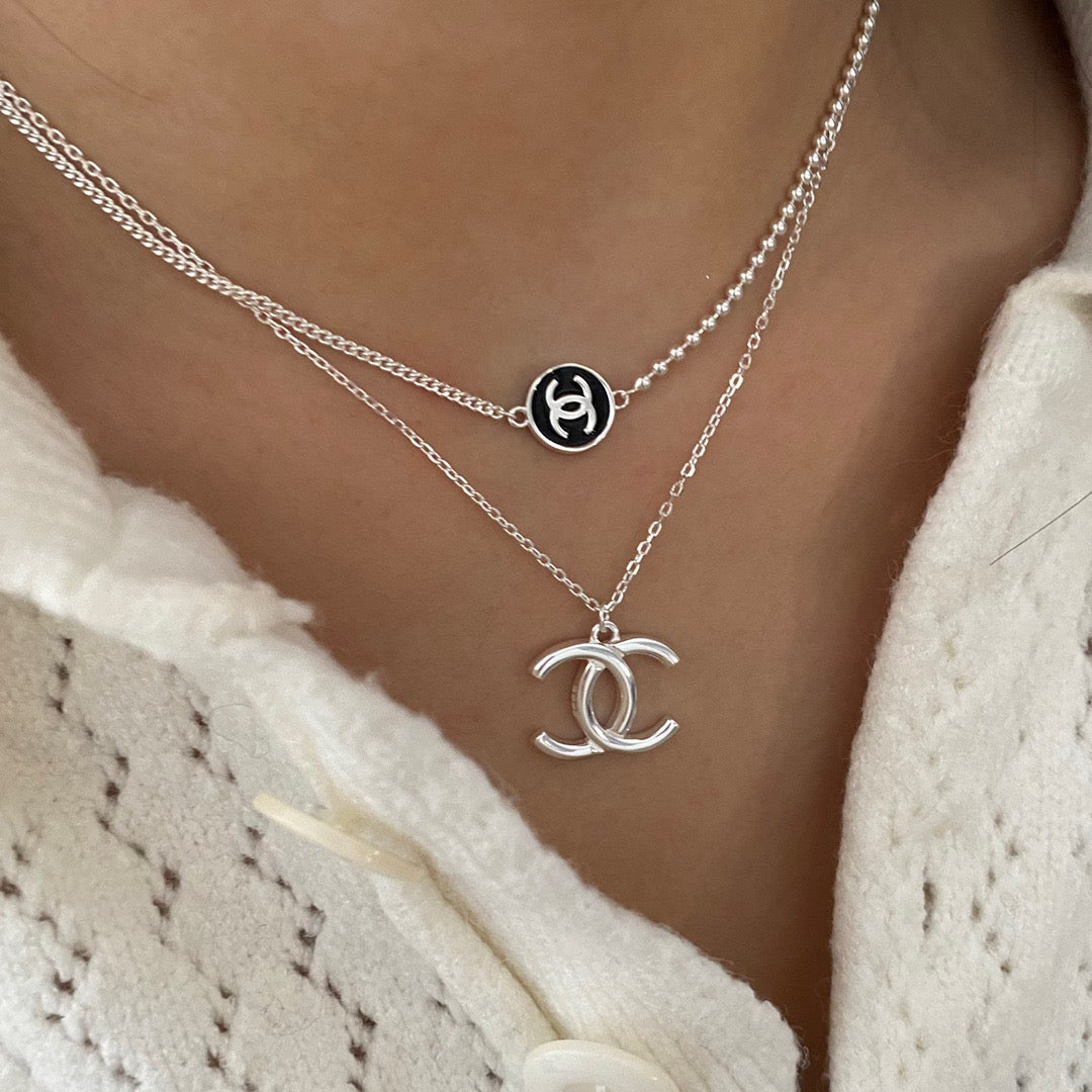 Chanel Silver Dotted Motif CC Pendant Necklace